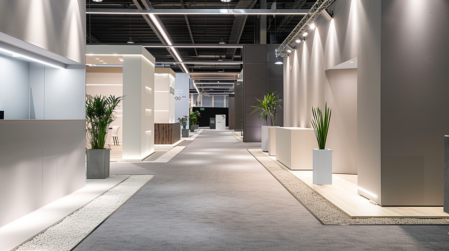 Moderner Messestand mit hochwertigen Bodenbelägen – VETO EVENTS plant und organisiert Messe- und Eventauftritte von der Idee bis zur perfekten Umsetzung.
